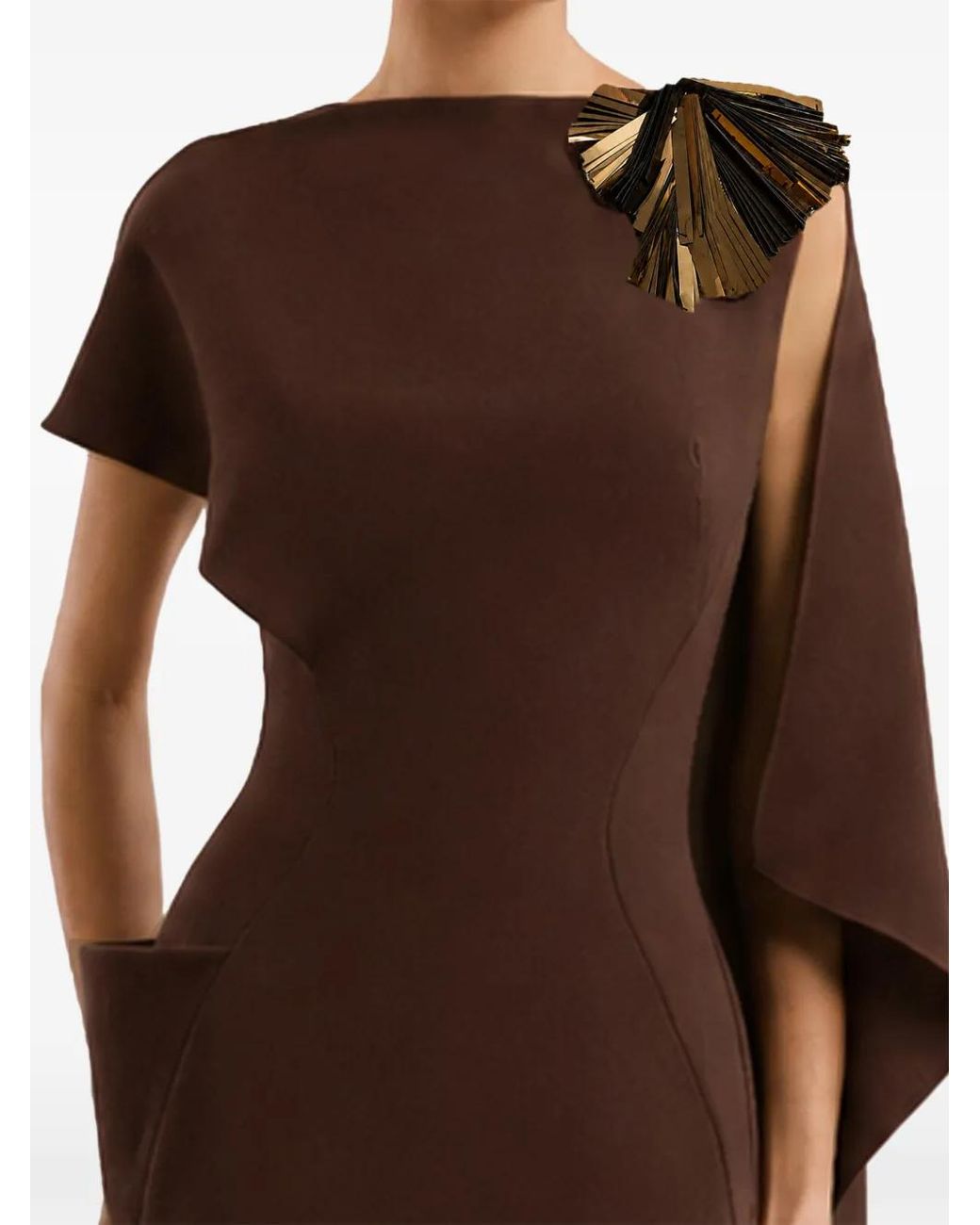 Gemy Maalouf Brown Asymmetric Cape Dress