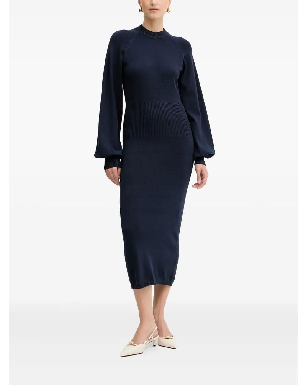 Silvian Heach Blue Balloon-Sleeve Ribbed Midi Dress