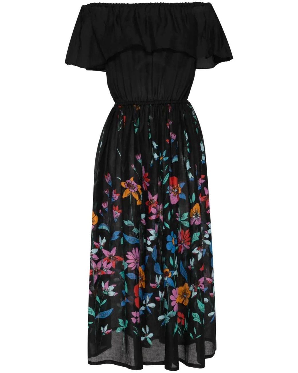 Bambah Black Hibiscus Off-Shoulder Dress