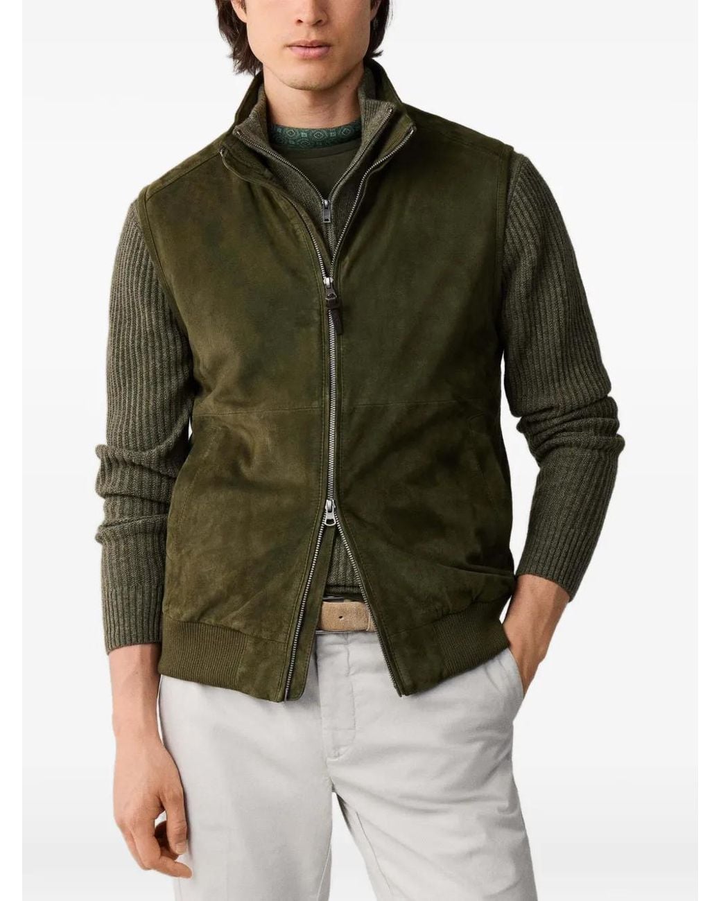 Hackett Green Suede Ribbed-Trim Gilet for men