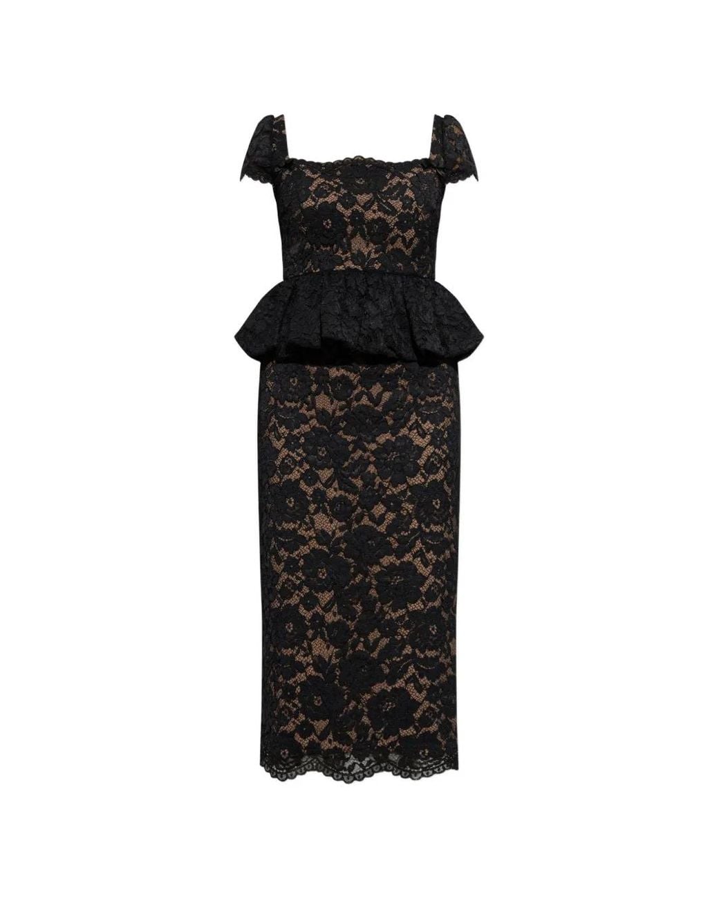 Self-Portrait Black Peplum-Waist Lace-Overlay Midi Dress