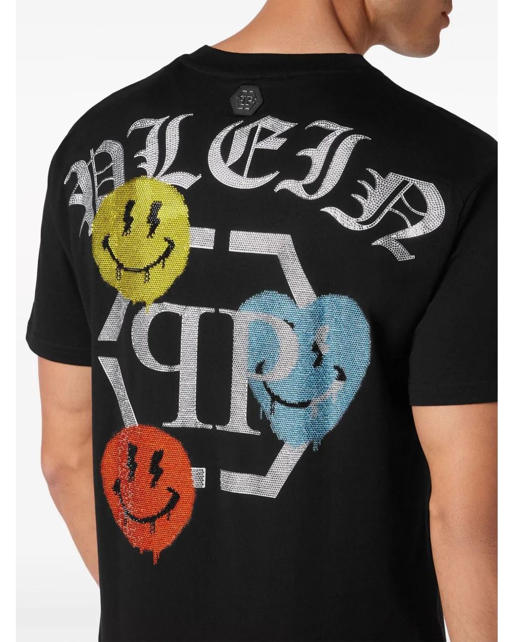 Philipp Plein Black Rhinestone-Logo Cotton T-Shirt for men