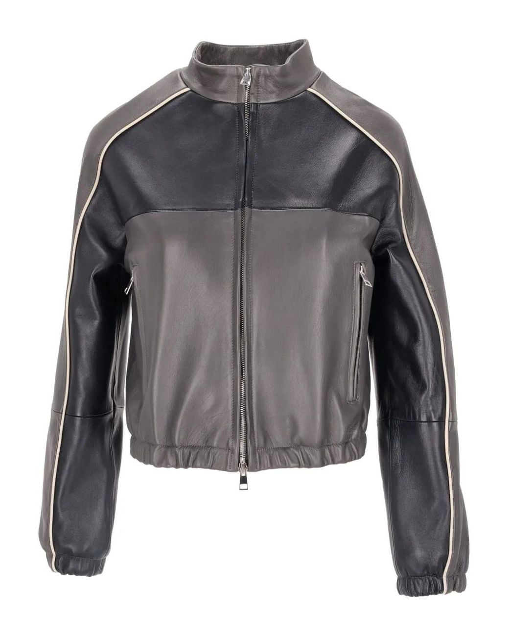 LA ROSE Gray Colour-Block Leather Bomber Jacket