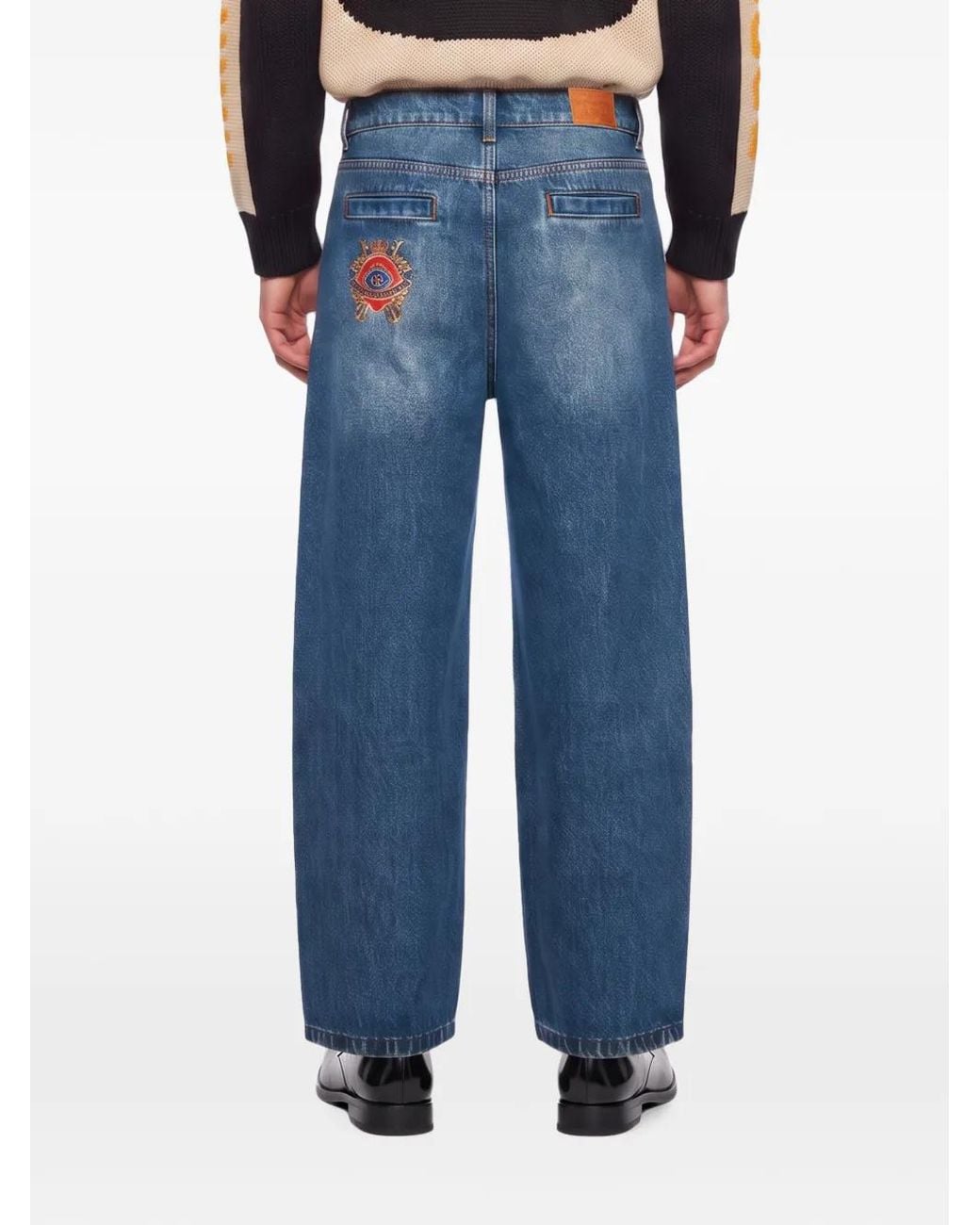 House of Errors Blue Embroidered Whiskered Straight-Leg Jeans for men