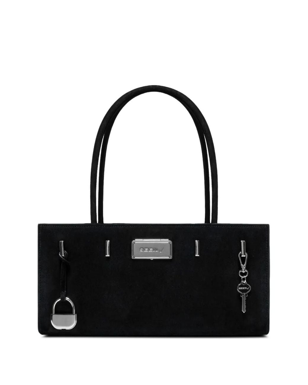 SEEN USERS Black Aura Suede-Finish Padlock-Detail Tote Bag