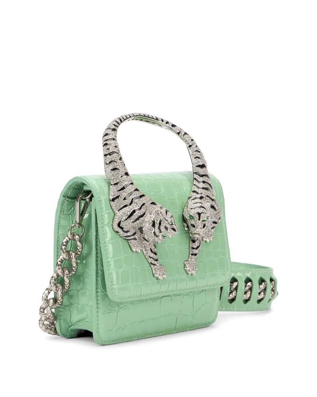 Roberto Cavalli Green Croc-Effect Tiger-Handle Clutch Bag