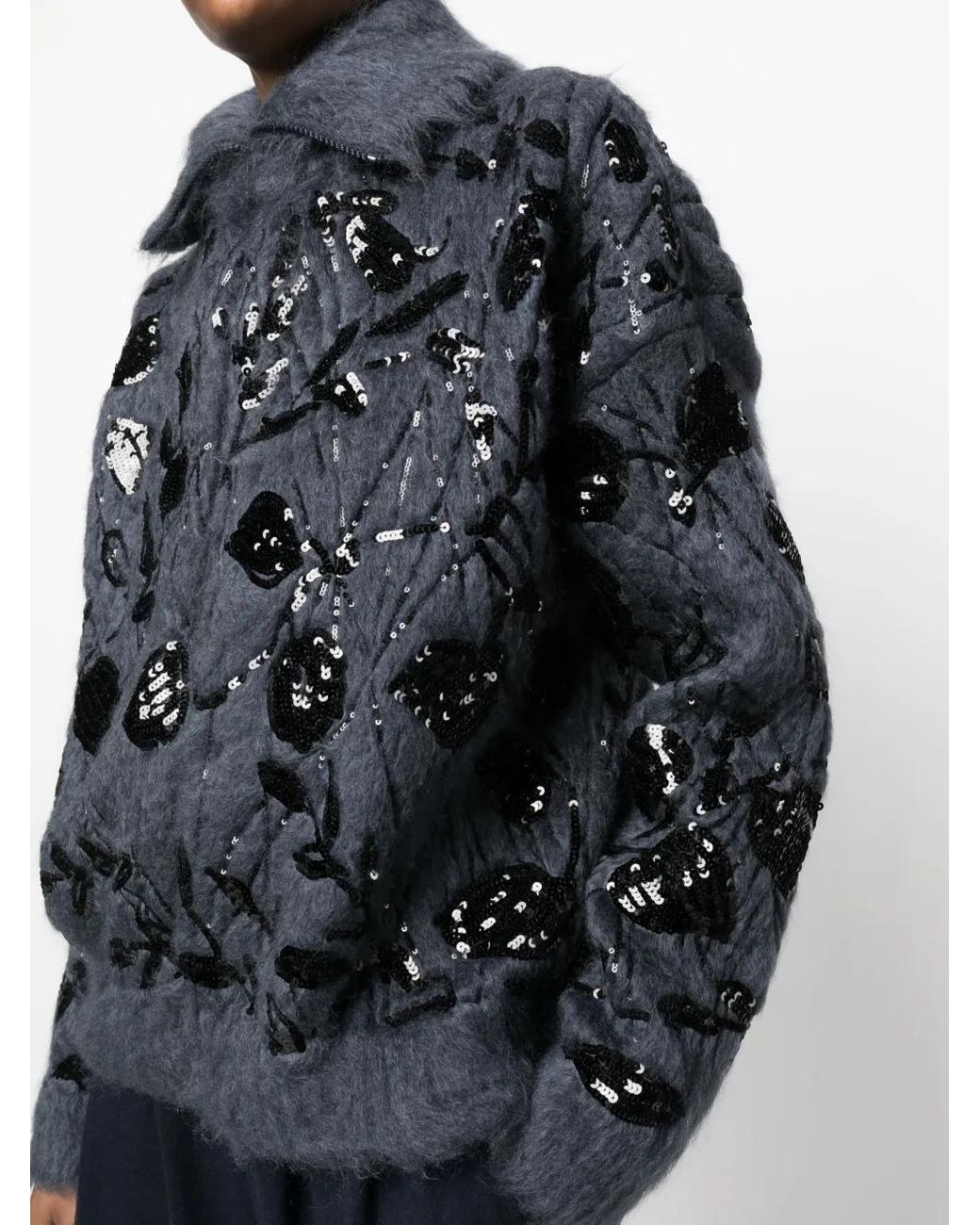 Brunello Cucinelli Black Floral Sequin Zip-Up Cardigan