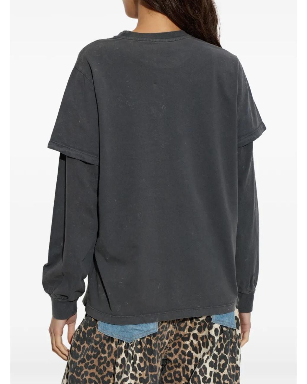 Ganni Gray Logo-Print Layered-Sleeve T-Shirt