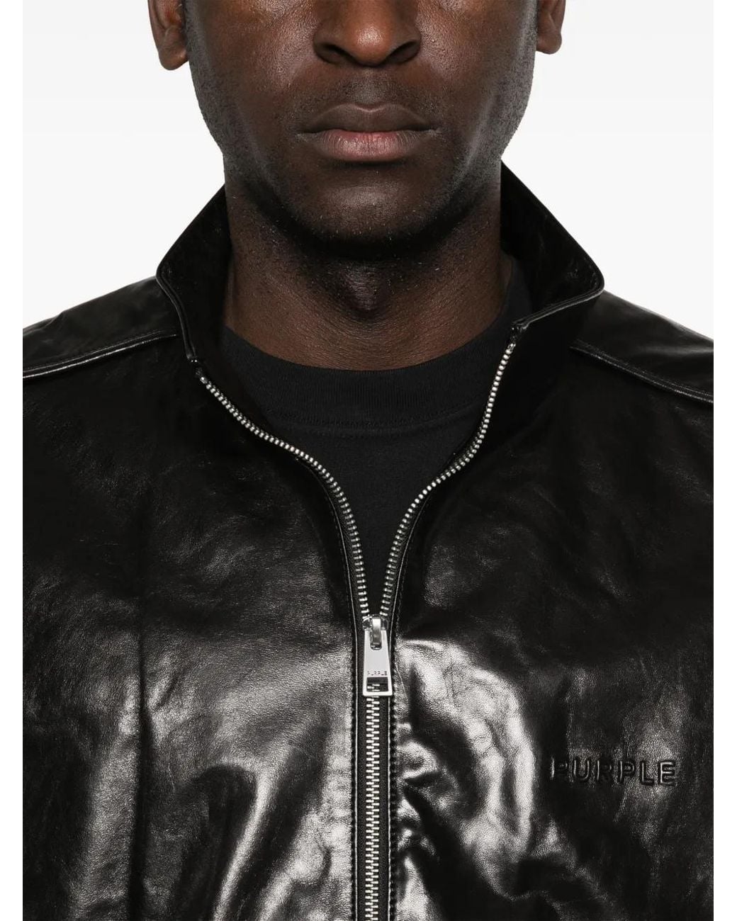 Purple Brand Black Zip Leather Jacket for men