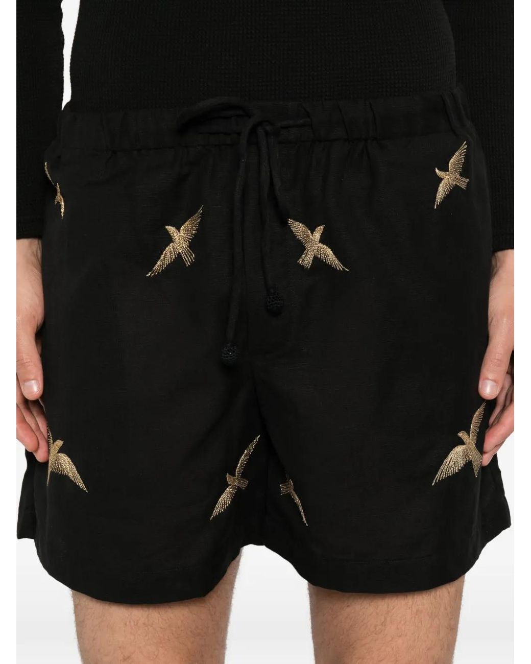 BAZISZT Black Bird-Embroidered Drawstring Shorts for men