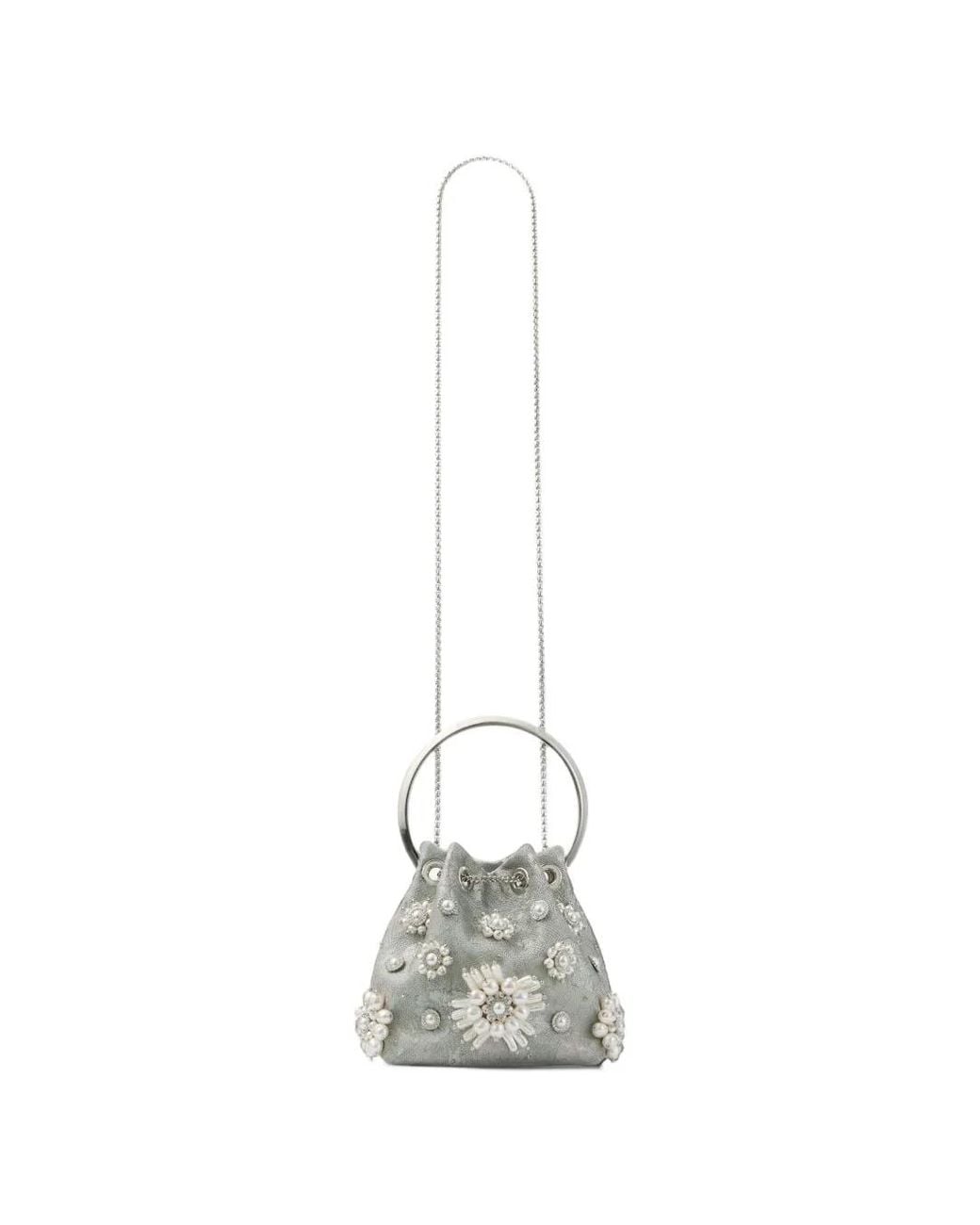 Jimmy Choo Gray Bon Bon Brocade Bucket Bag With Floral Pearl Embroidery