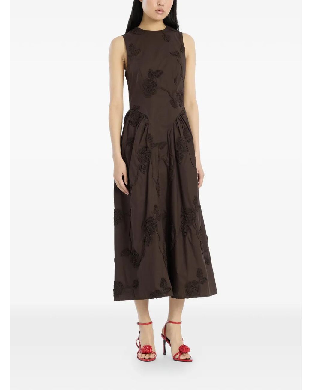 ROTATE BIRGER CHRISTENSEN Brown Flower-Motif Midi Dress