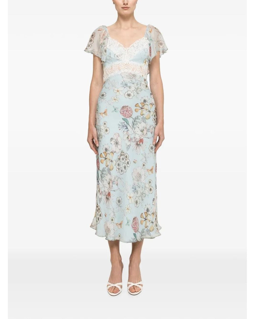 Nissa White Printed Silk Midi Dress