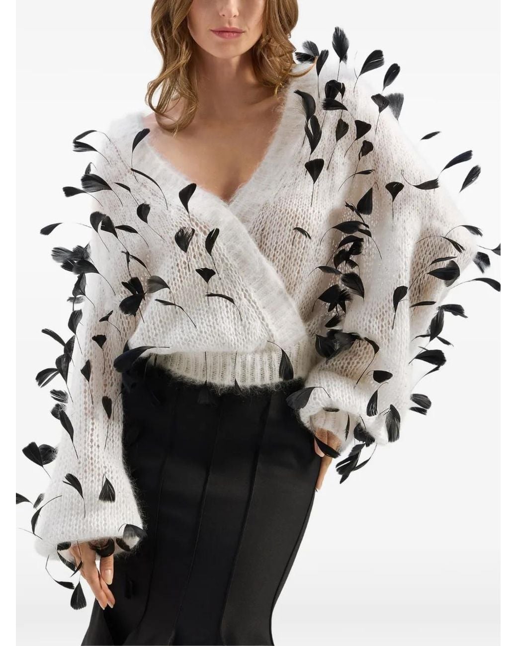 Genny White Feather-Embellished Wrap Sweater