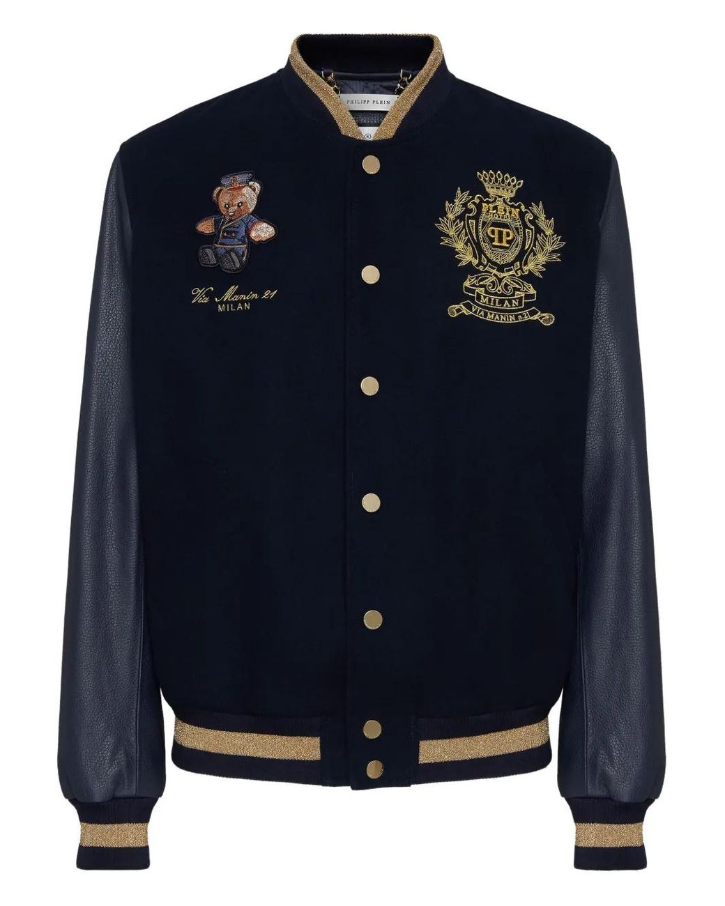 Philipp Plein Blue Leather And Wool Varsity Bomber Teddy Doorman for men