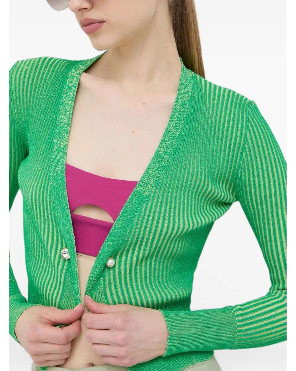 Beatrice B. Green Ribbed-Knit Crystal-Embellished Cardigan