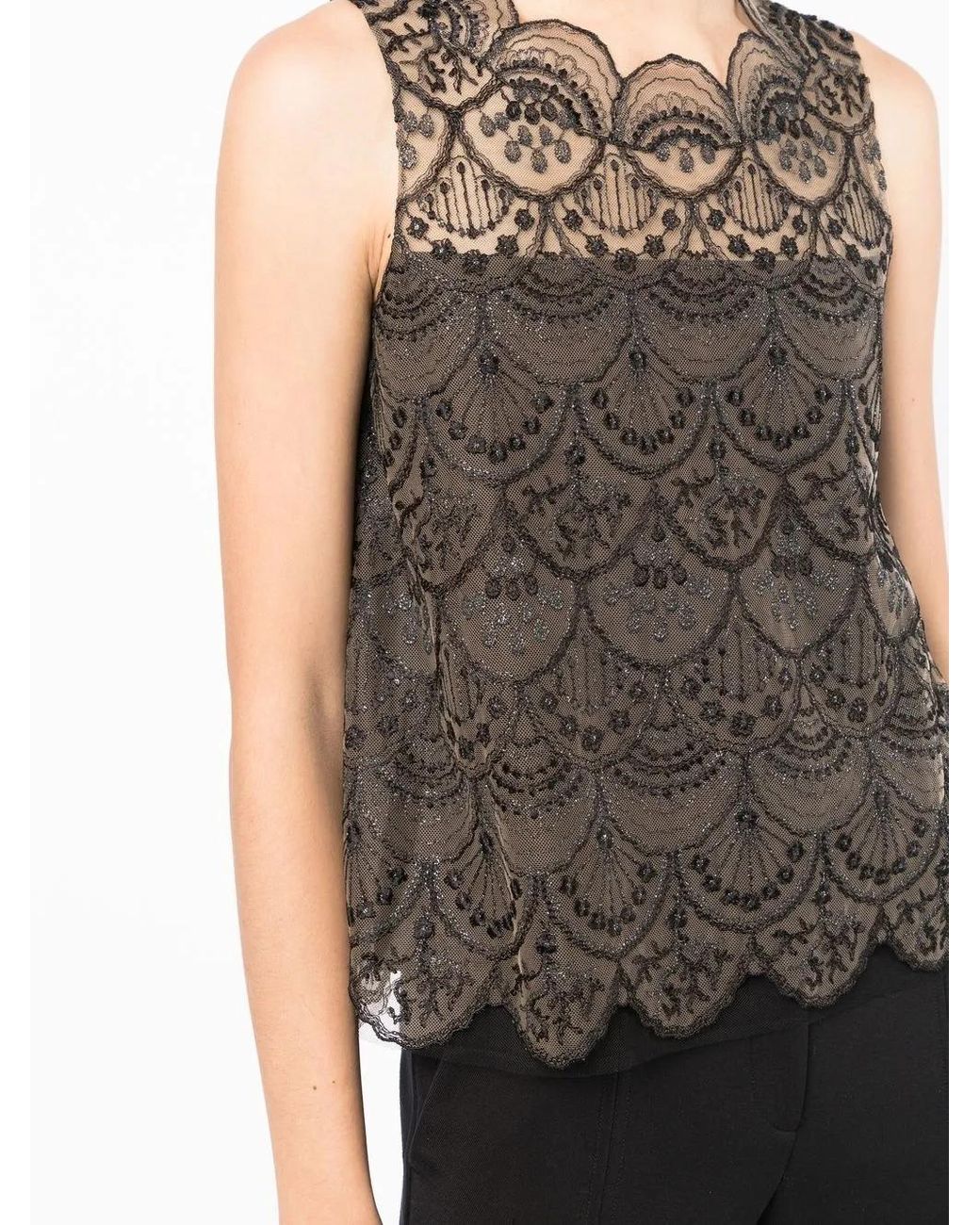 Shiatzy Chen Black Blouse Sans Manches À Superposition En Dentelle
