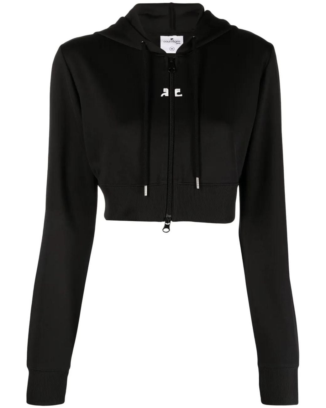 Courreges Black Logo-Patch Cropped Zipped Hoodie