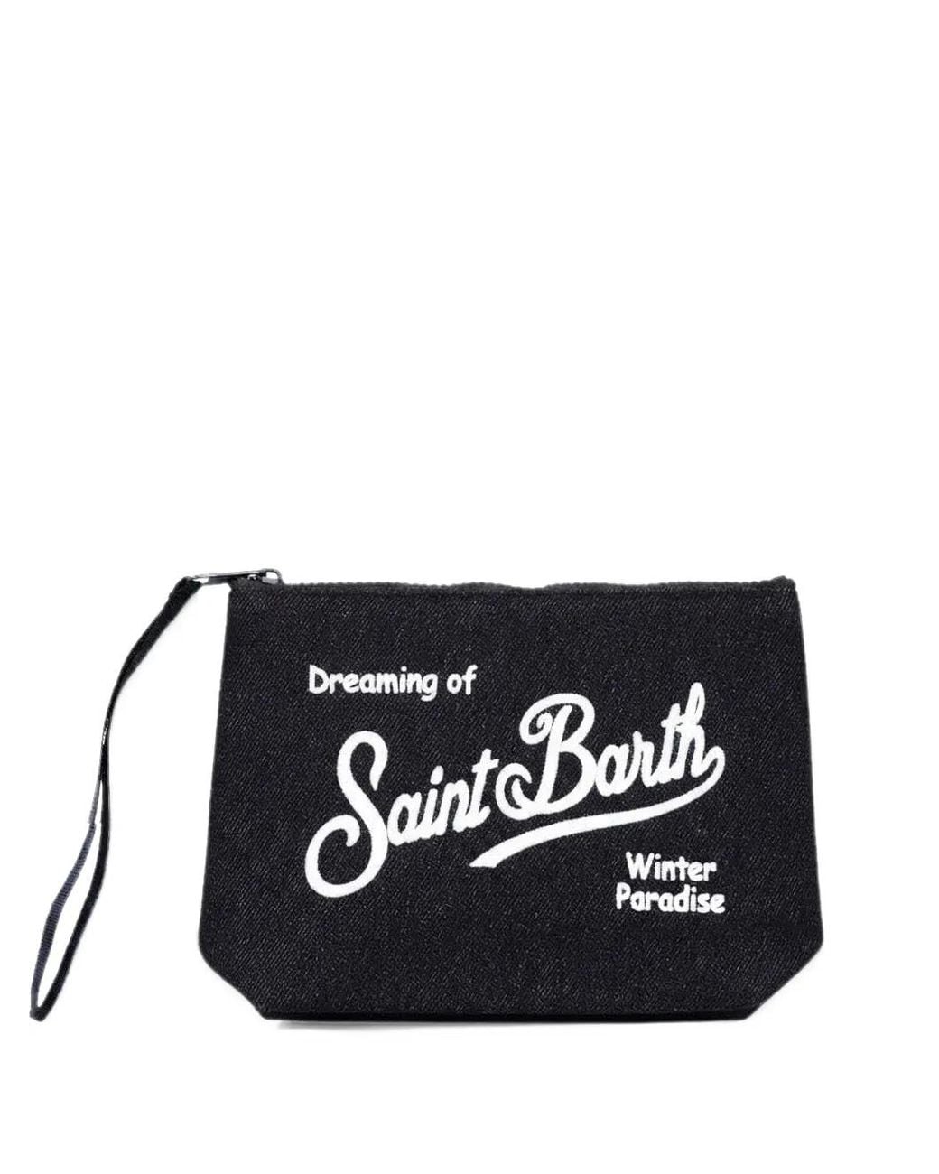 Mc2 Saint Barth Black Aline Logo-Print Denim Clutch Bag