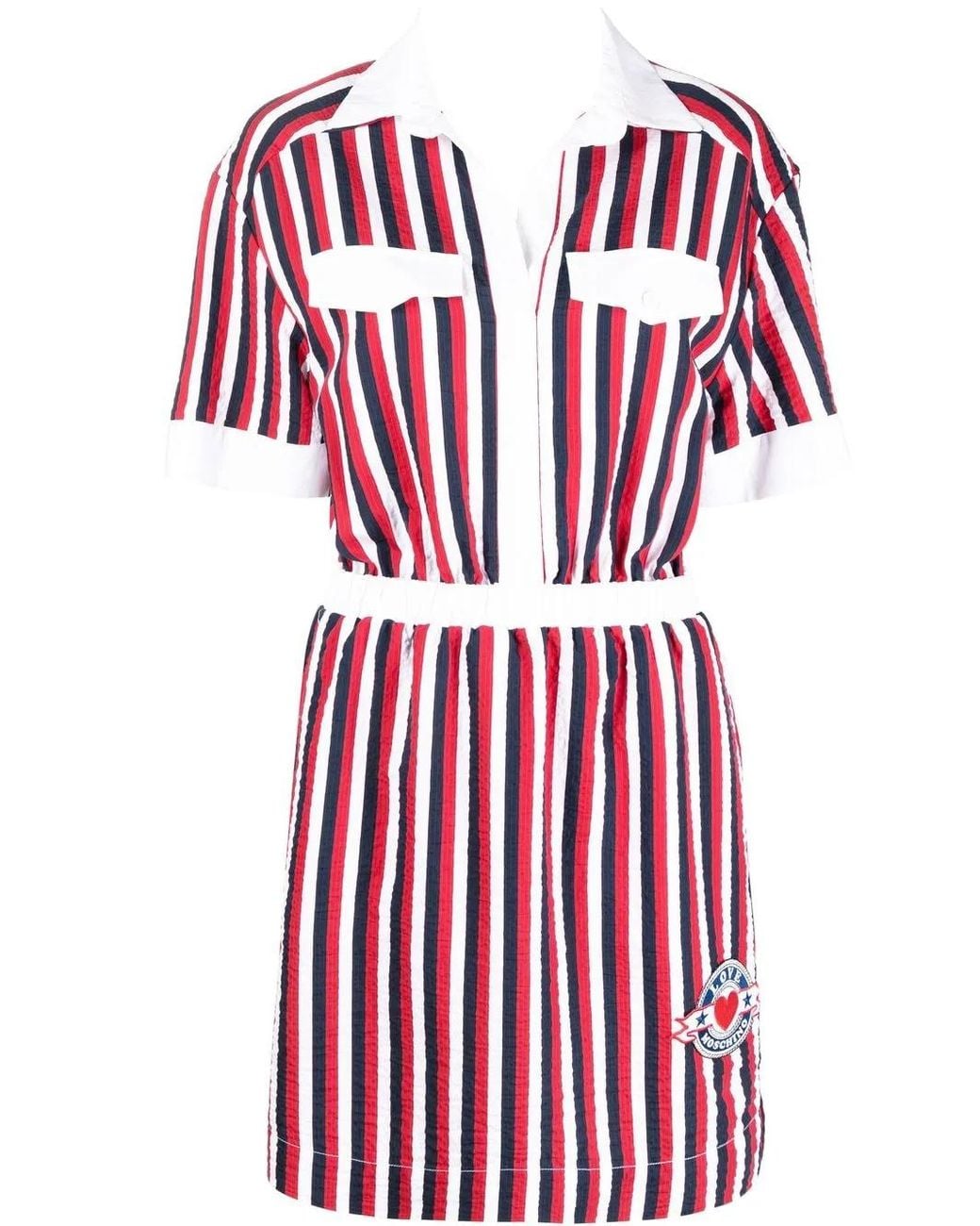 Love Moschino Red Striped Elasticated Waist Shirt Dress