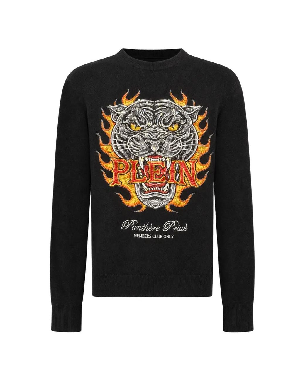 Philipp Plein Black Round Neck Pullover Panther Flames Stones for men