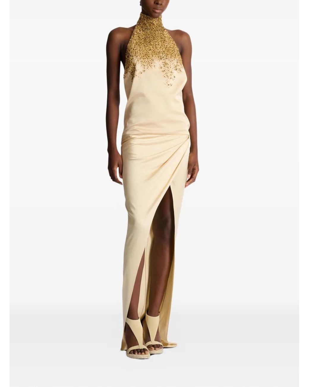 Balmain White Silk Halterneck Dress With Sand Effect Embroidery