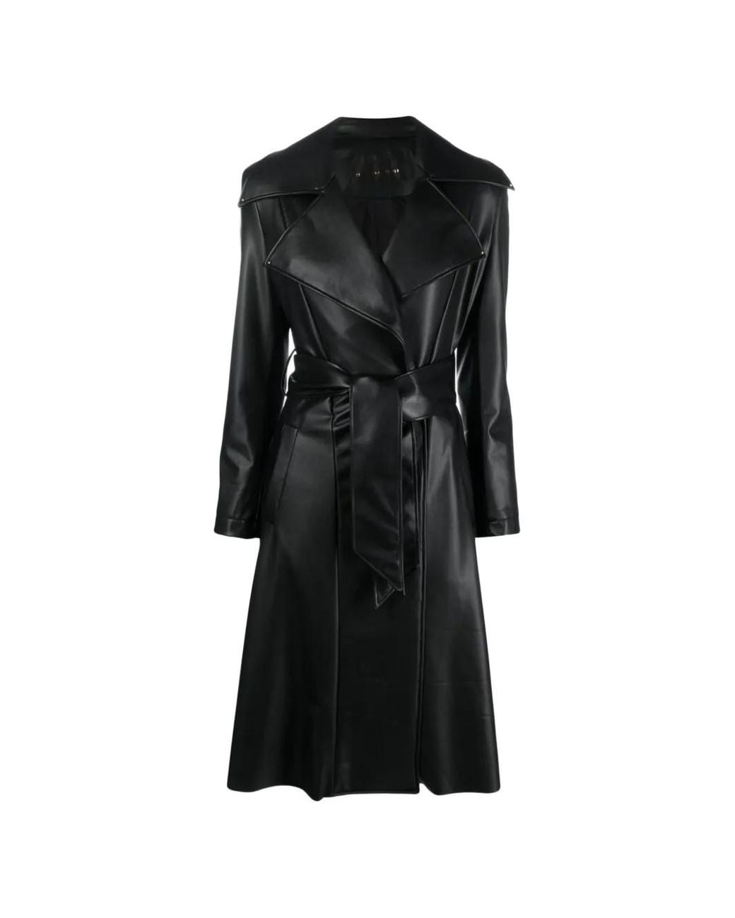 Tessitura Body Couture Black Belted Faux-Leather Trench Coat