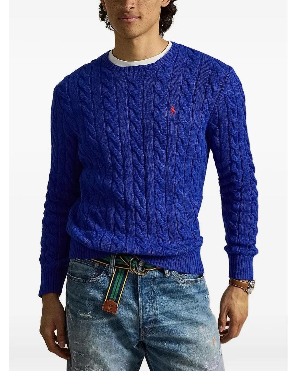Polo Ralph Lauren Blue Pull En Maille Torsadée À Logo Brodé for men
