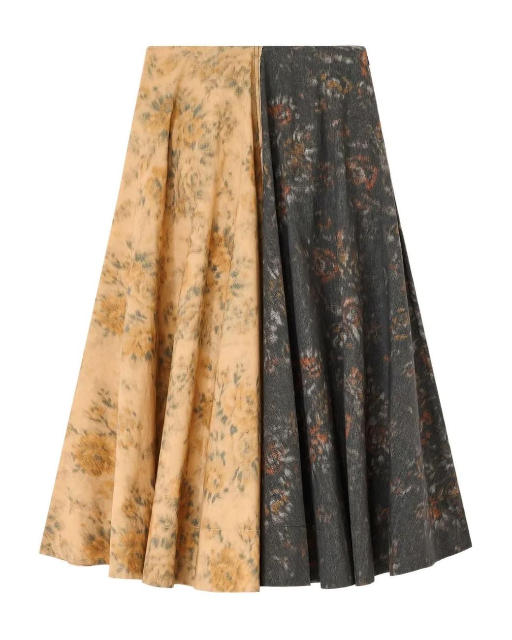Ganni Brown Floral Printed Panelled Flared Midi Skirt
