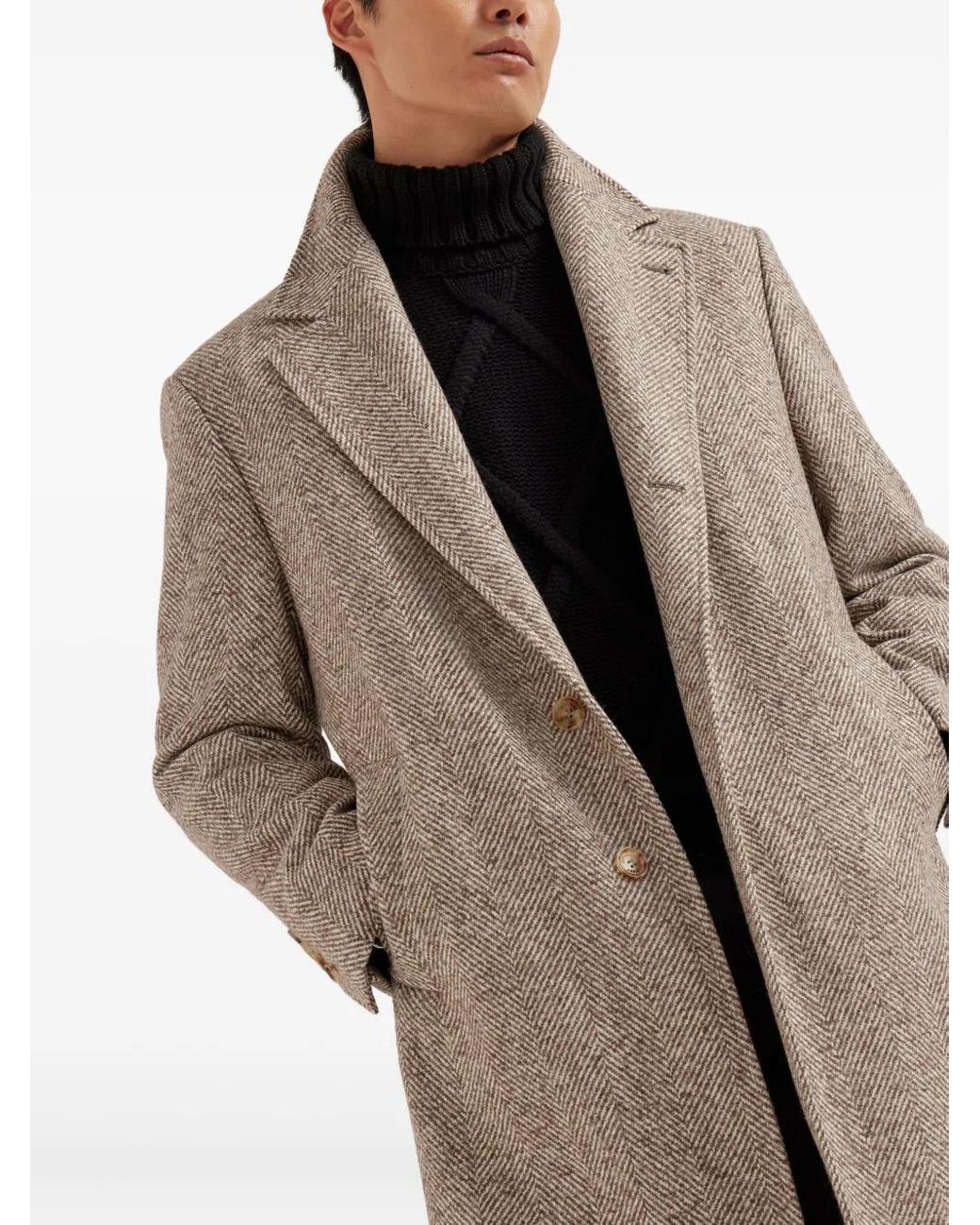 Brunello Cucinelli Natural Chevron-Pattern Single-Breasted Coat for men