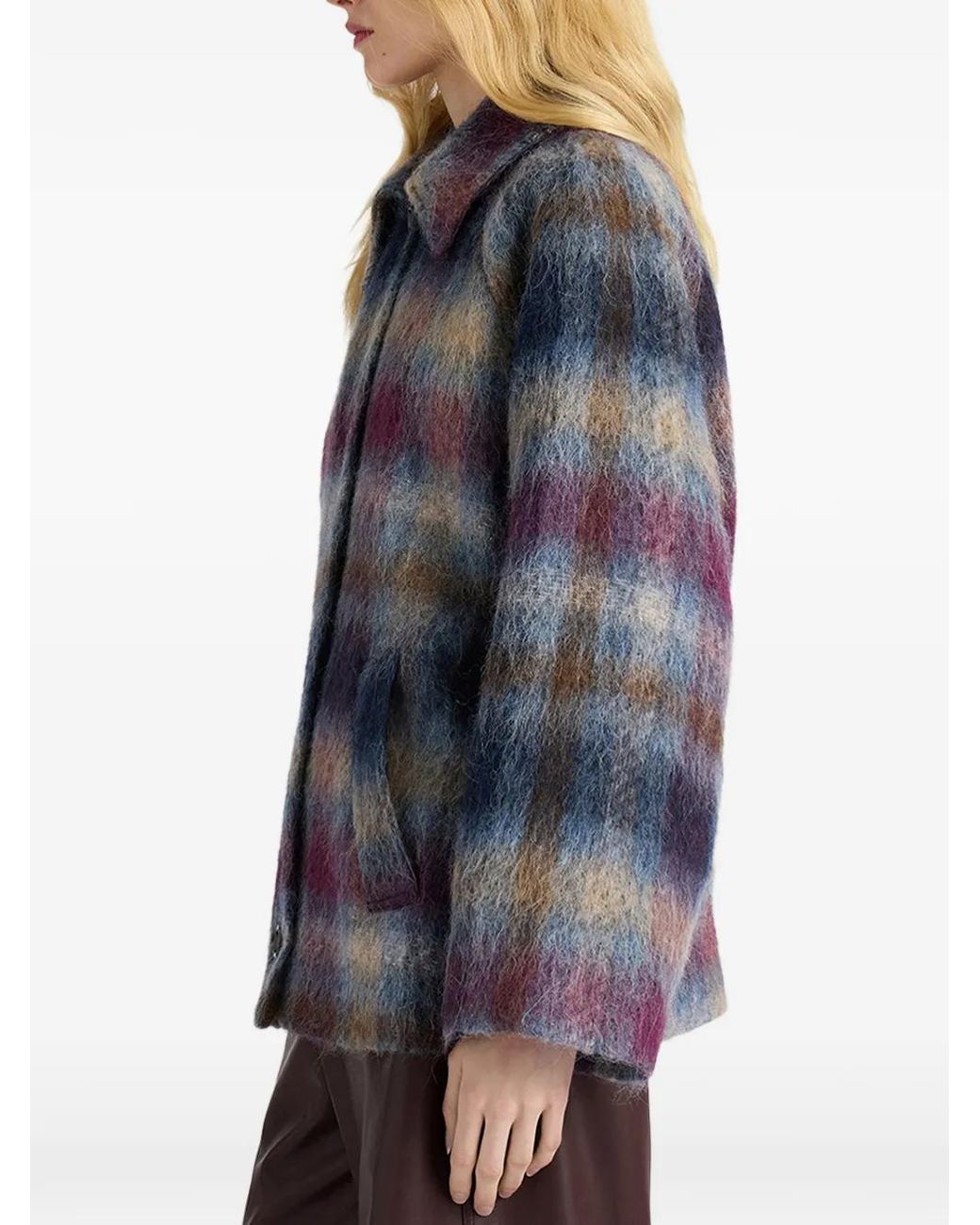 Momoní Blue Eoil Tartan-Check Single-Breasted Coat