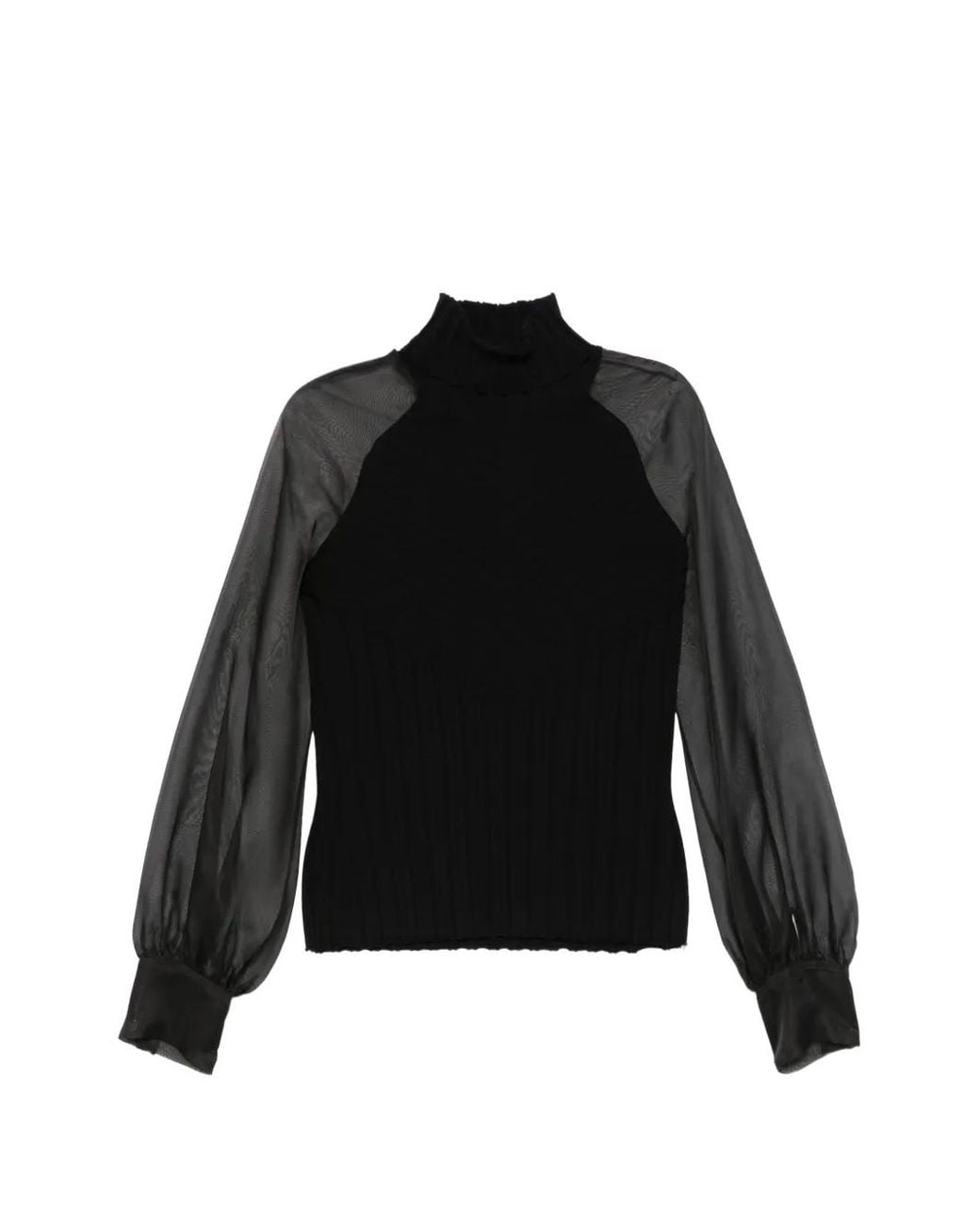 D.exterior Black Sheer-Sleeve Ribbed-Knit Sweater
