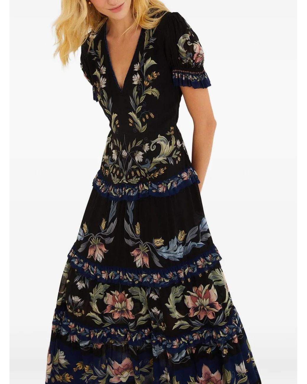Farm Rio Black Natalia Floral-Print Tiered Maxi Dress