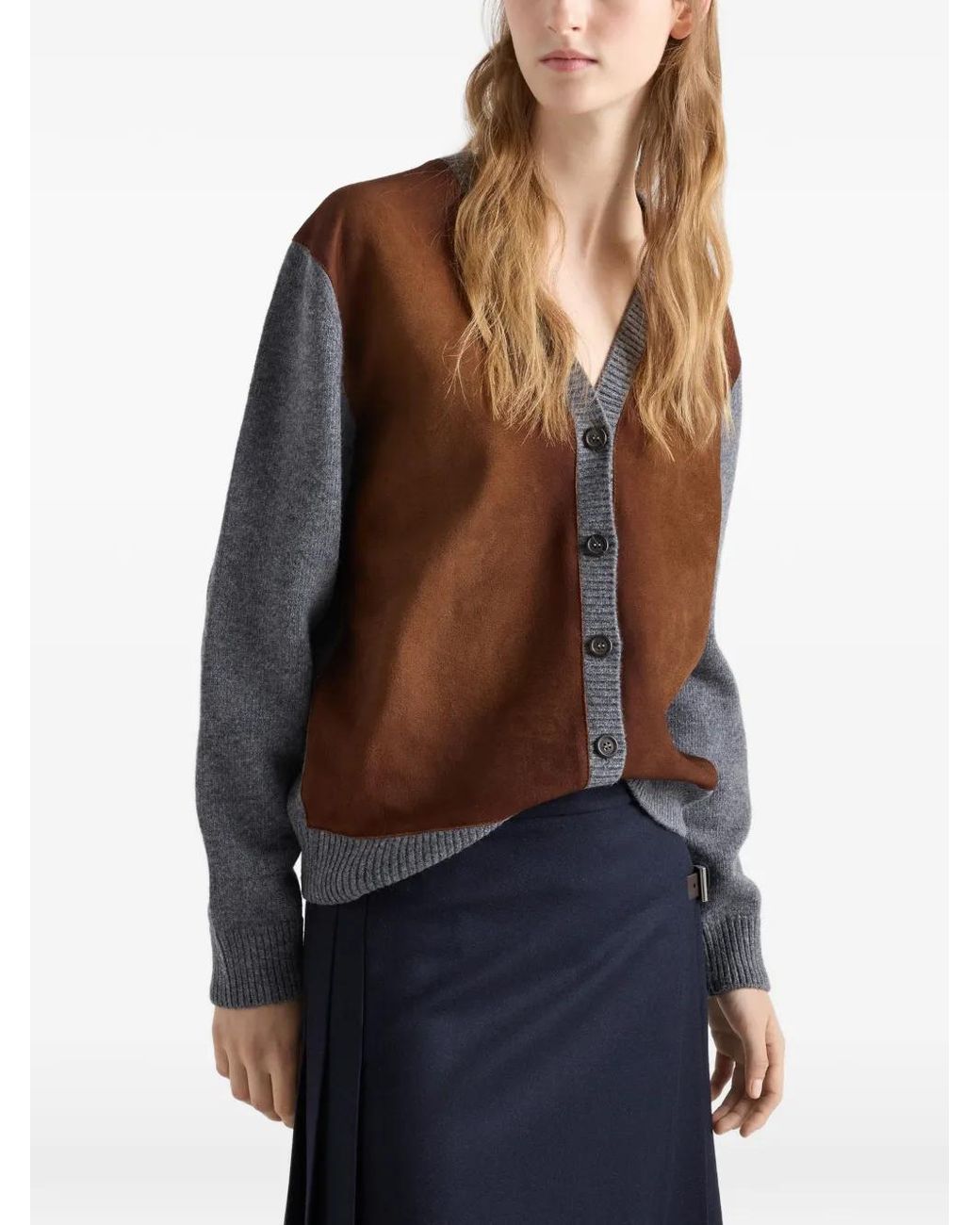 Prada Brown Suede-Panel Wool Cardigan