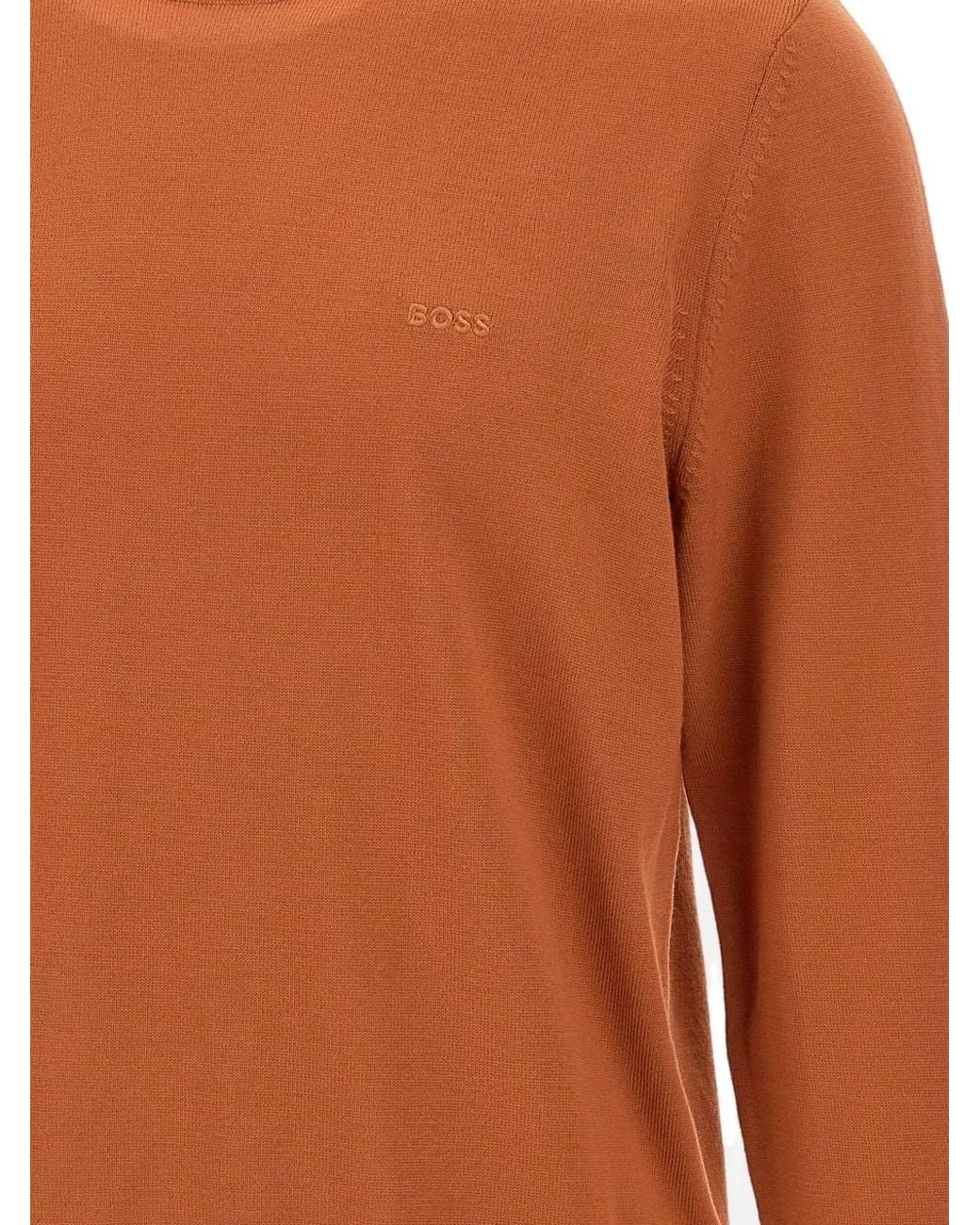 Boss Brown Crew Neck Embroidered Sweater for men
