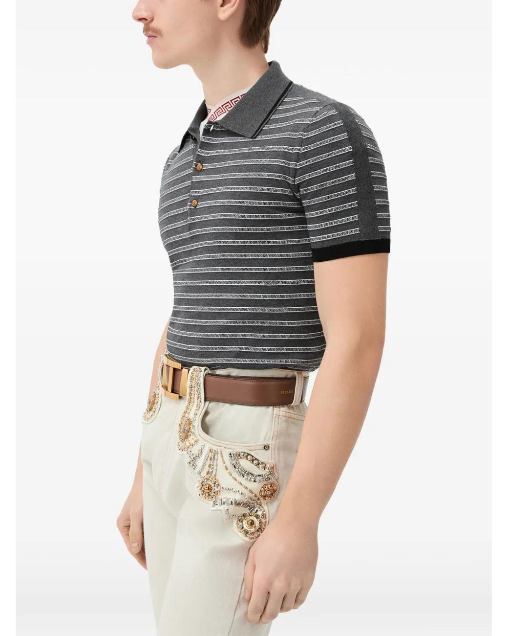Versace Gray Jacquard Cotton-Blend Knit Polo for men