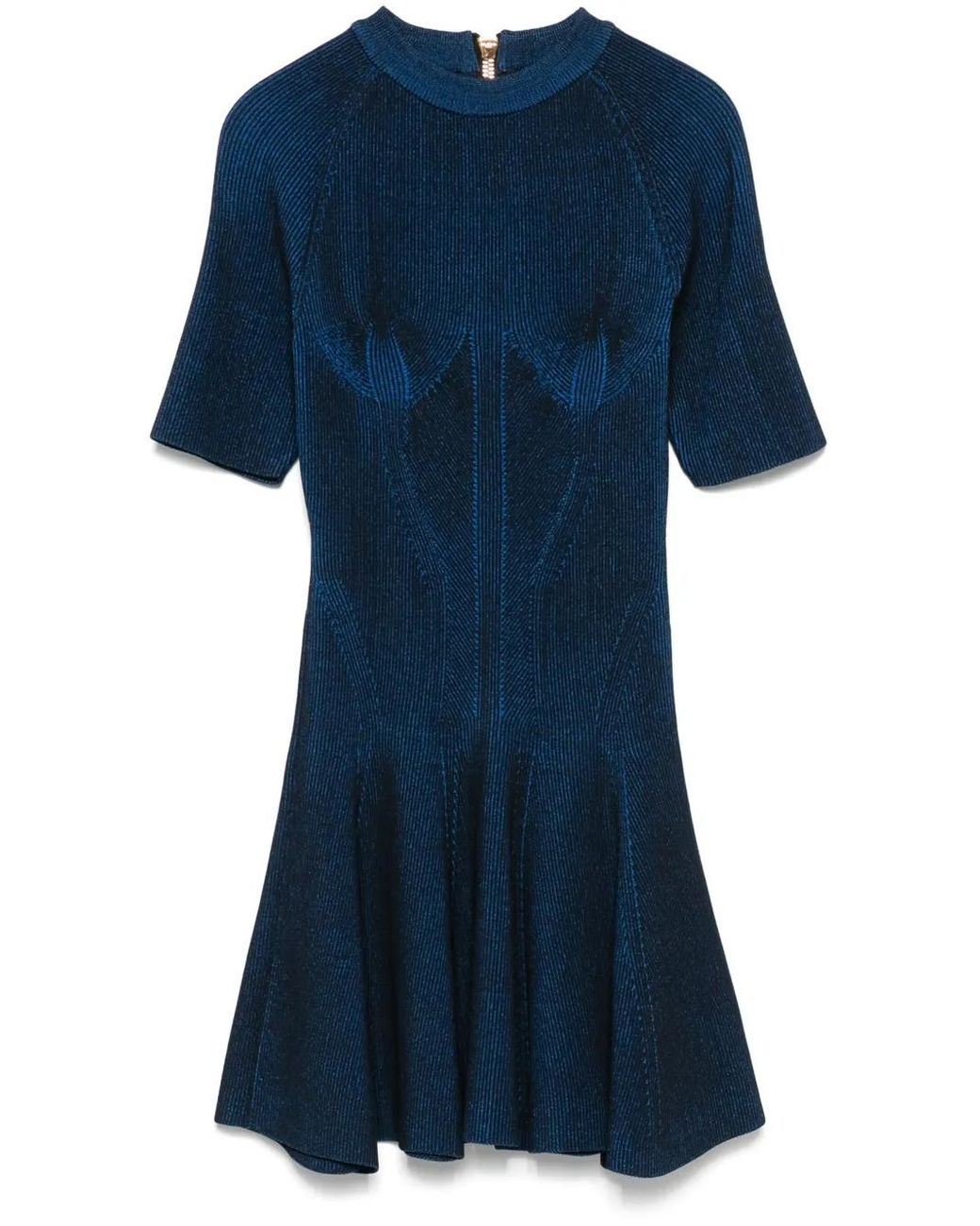 Balmain Blue Ribbed-Knit Mini Dress