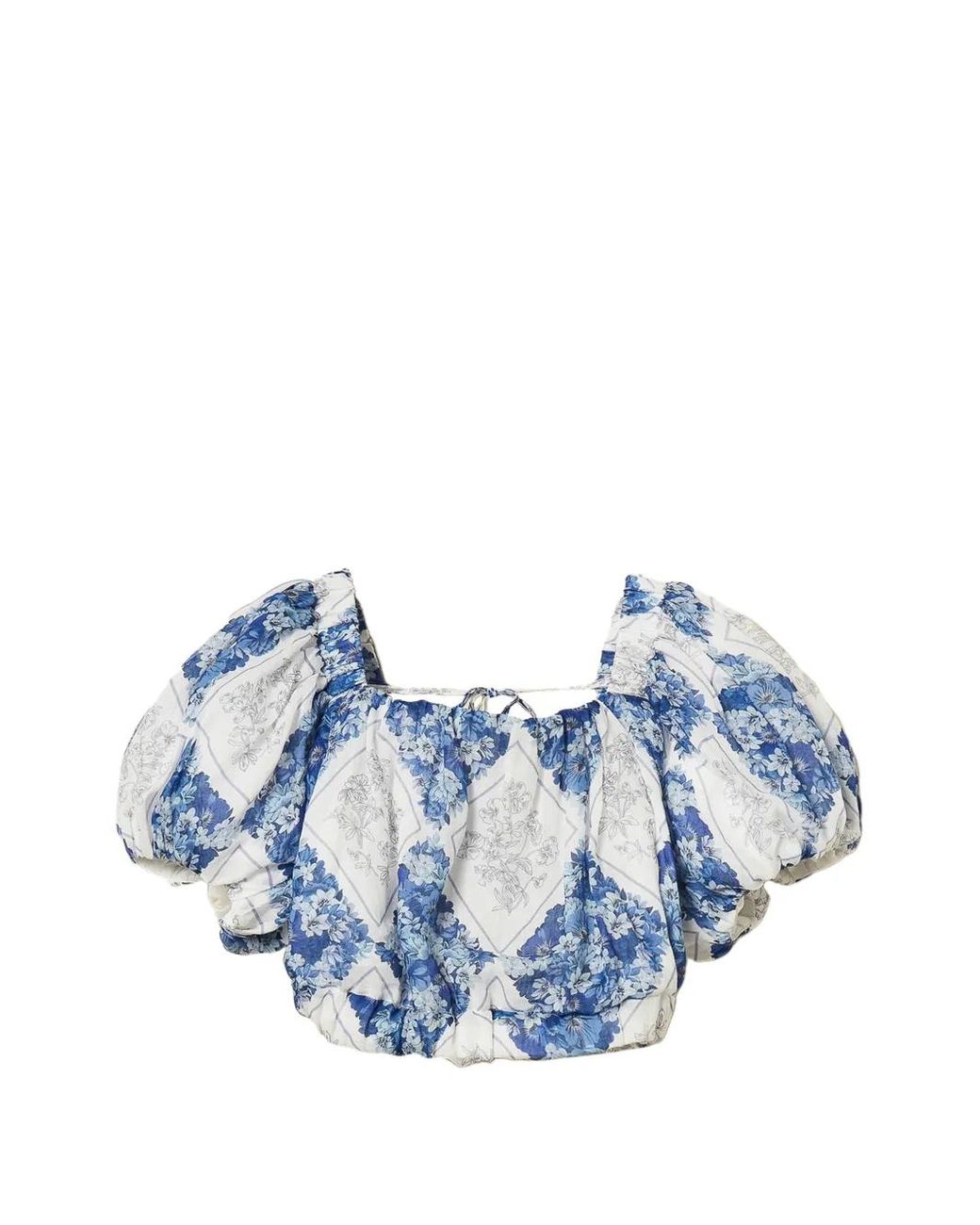 Twinset Blue Cropped Ramie Blouse With Floral Print