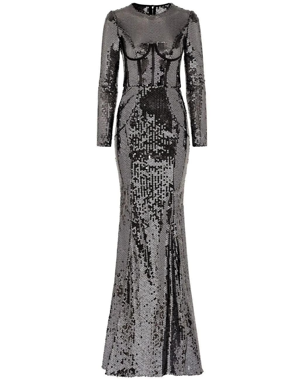 Dolce & Gabbana Gray Corset-Detail Sequinned Gown