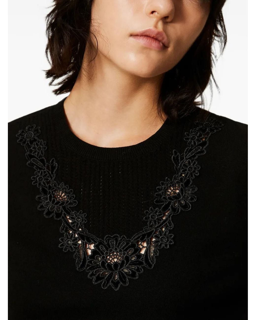 Twinset Black Jumper With Macramé Lace Insert