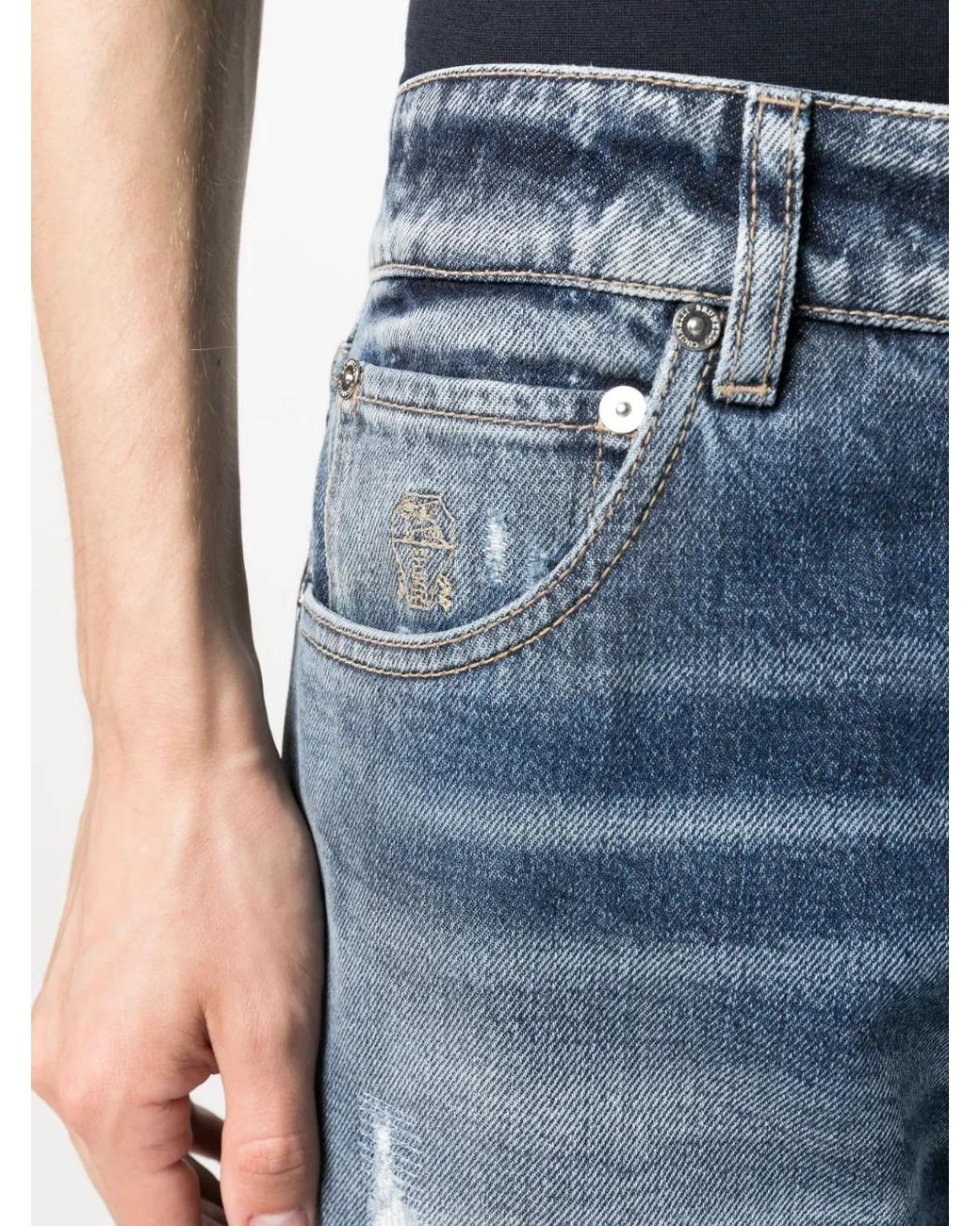 Brunello Cucinelli Blue Distressed-Finish Cotton Jeans for men