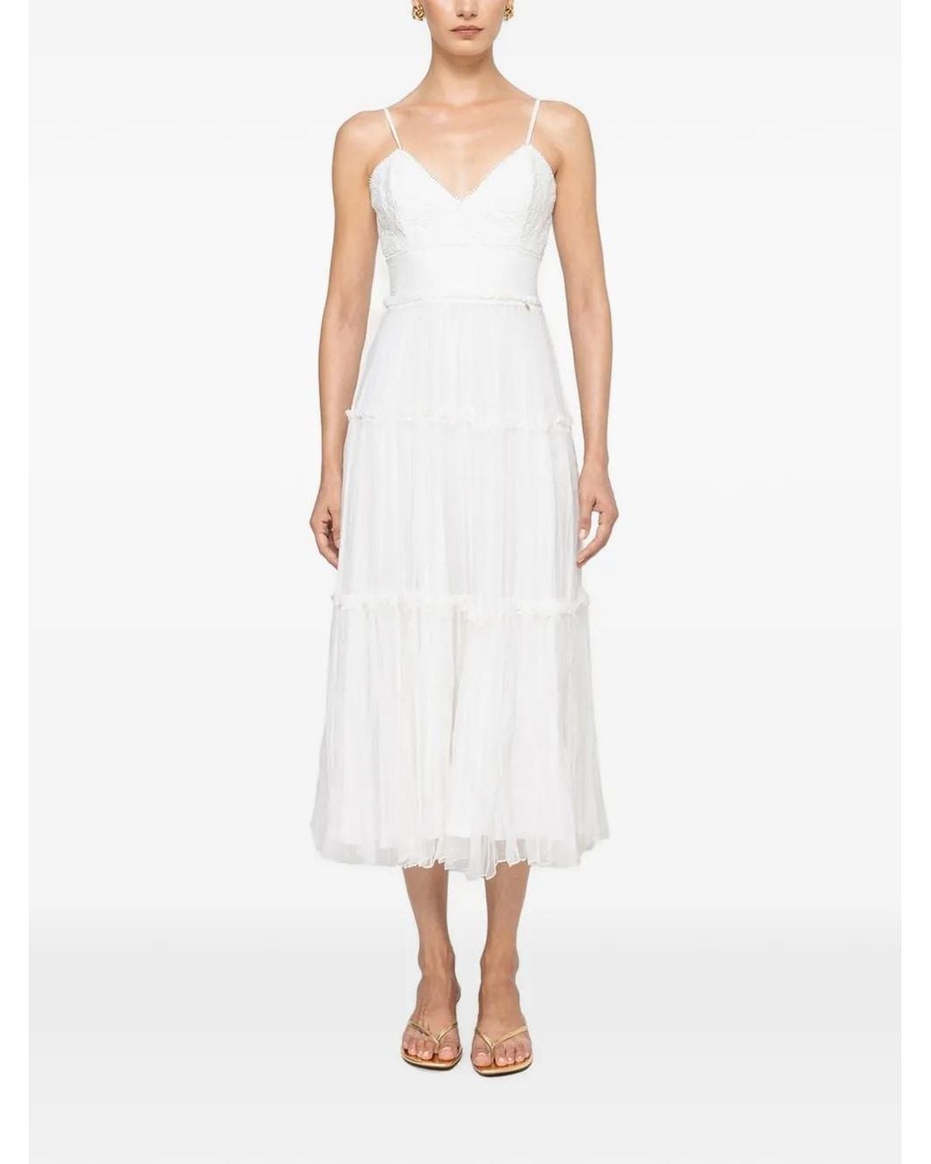 Nissa White Floral-Embroidery Silk Midi Dress