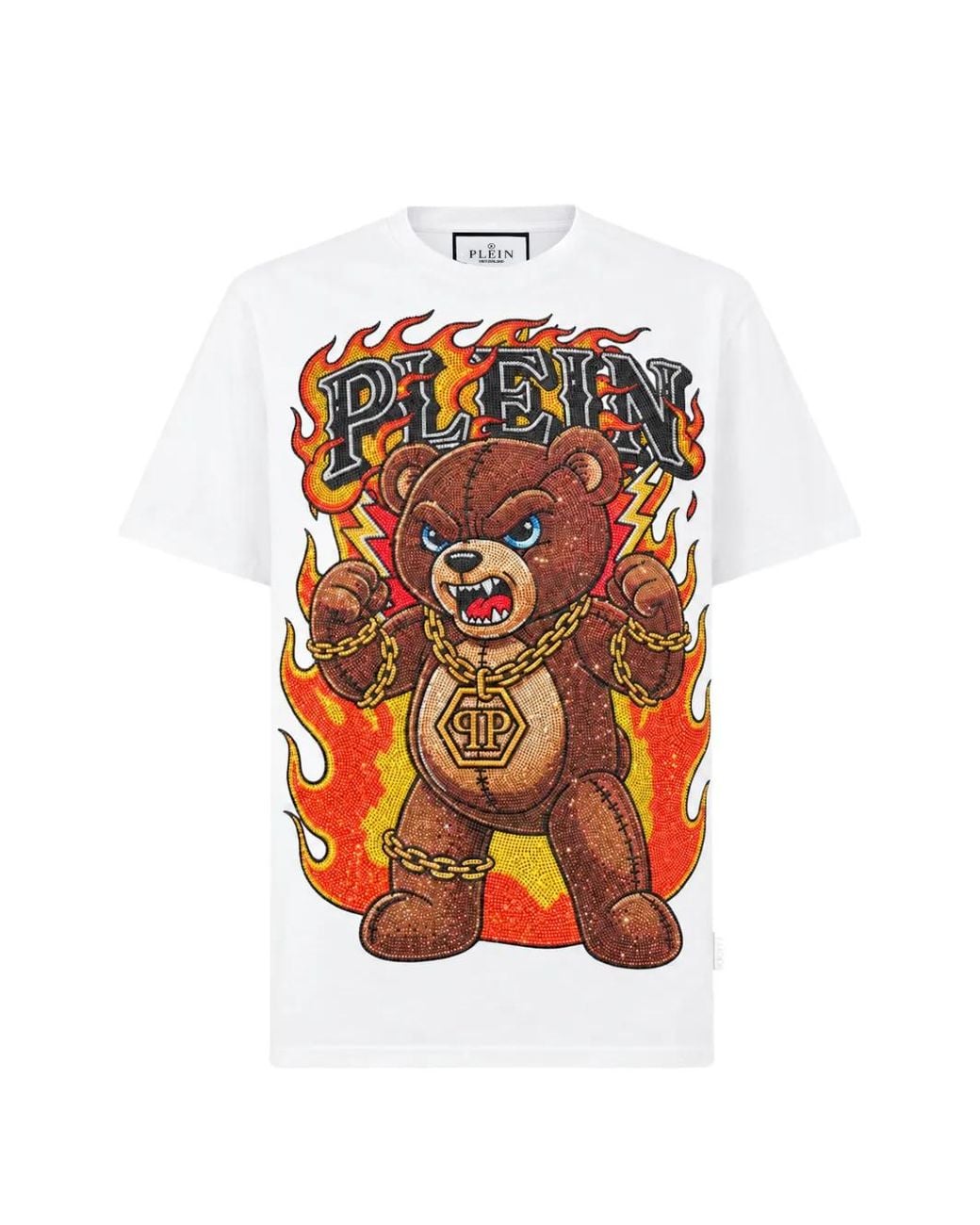 Philipp Plein Orange Round-Neck T-Shirt Teddy Flames Stones for men