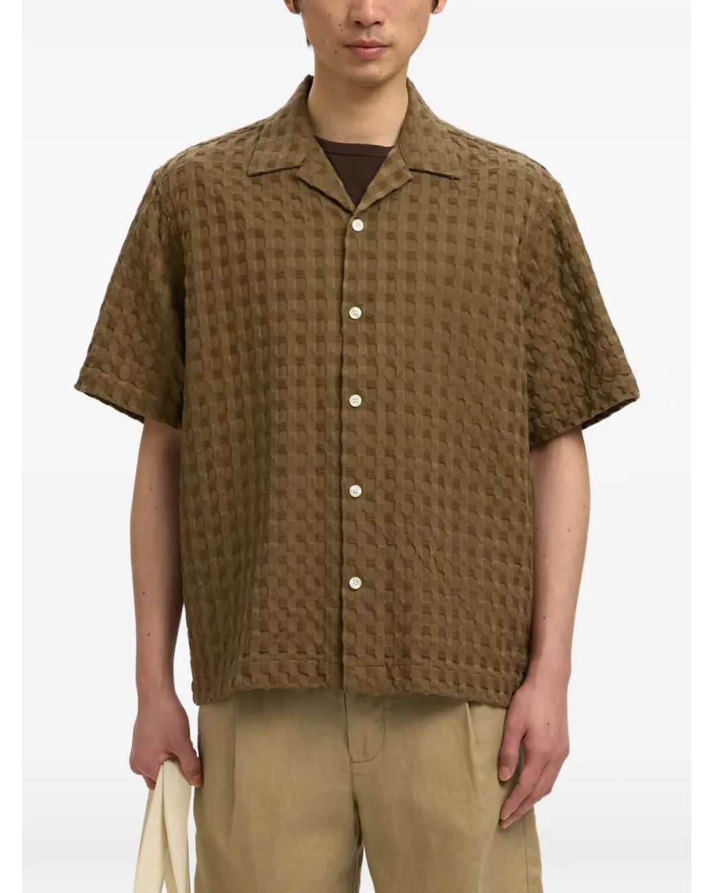 SELECTED Green Textured Short-Sleeve Shirt for men