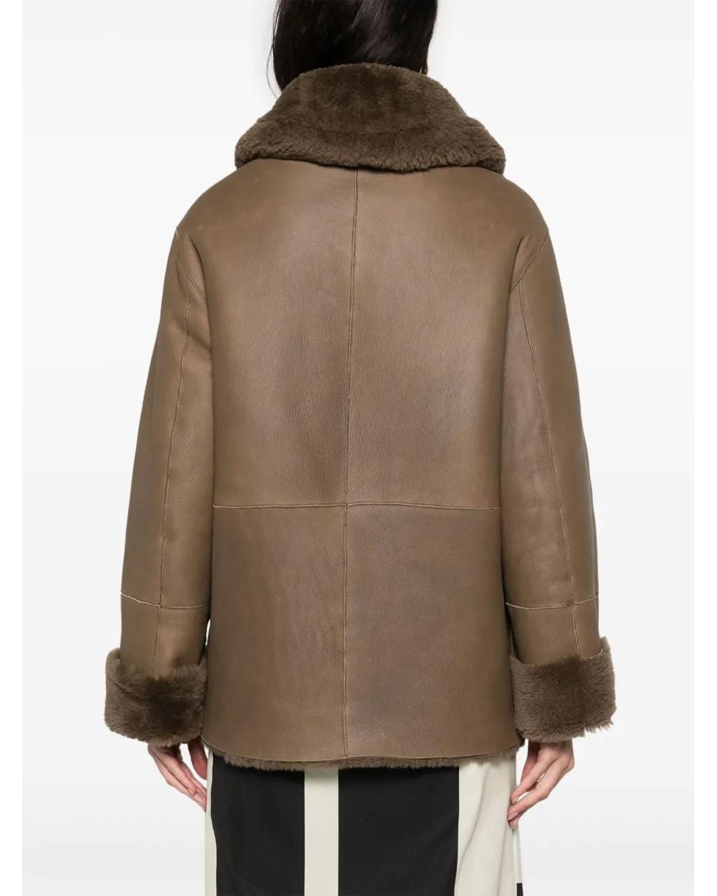 Liska Brown Spread-Collar Leather Coat