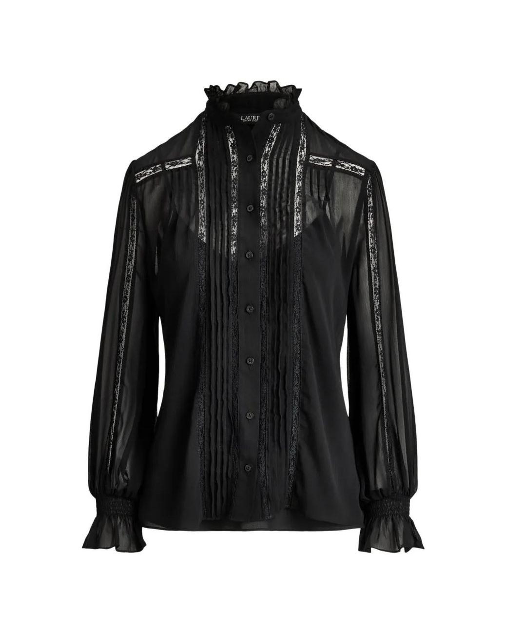 Ralph Lauren Black Lace-Trim Pintucked Blouse