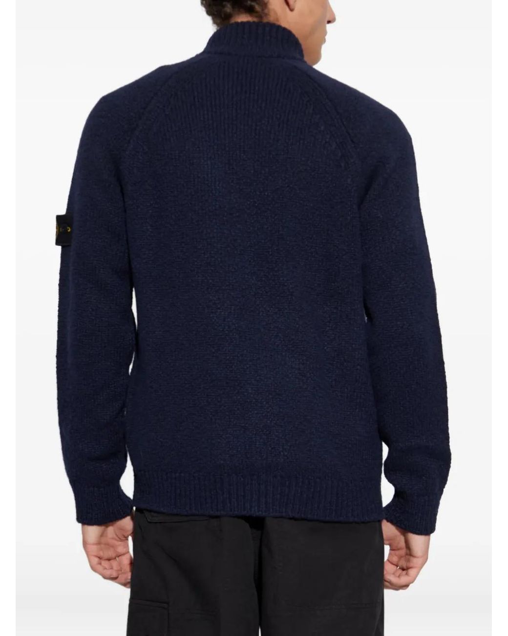 Stone Island Blue Zip-Front Patch-Pocket Wool Sweater for men