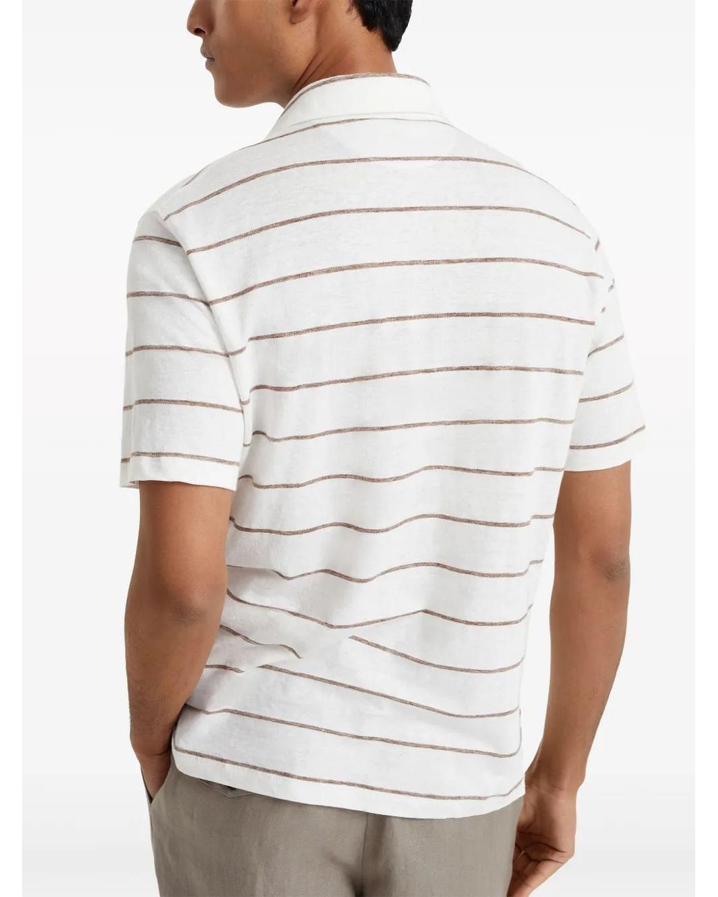 Brunello Cucinelli White Striped Linen-Cotton Polo Shirt for men