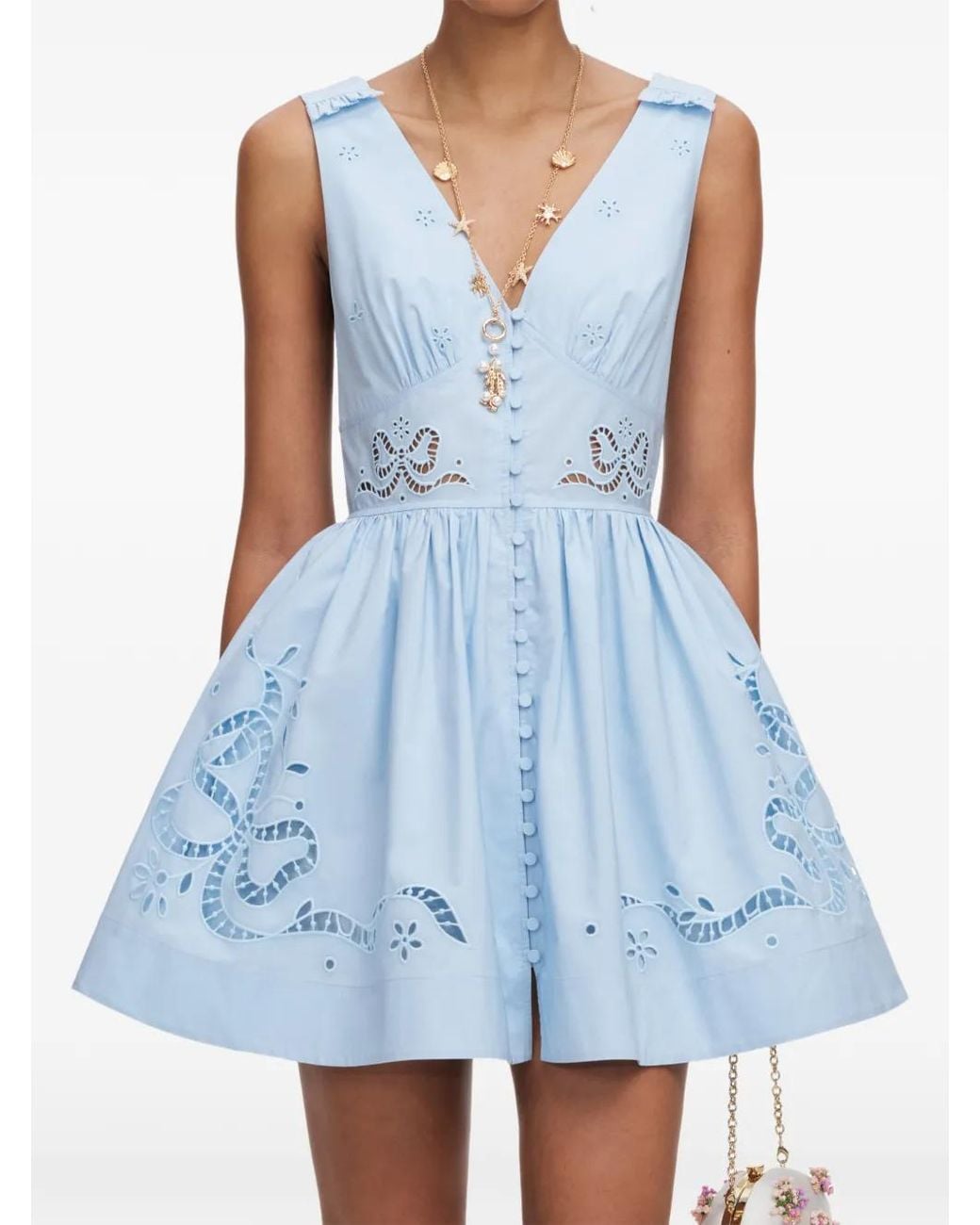 Self-Portrait Blue Elegant Mini Dress With V-Neck And Embroidery