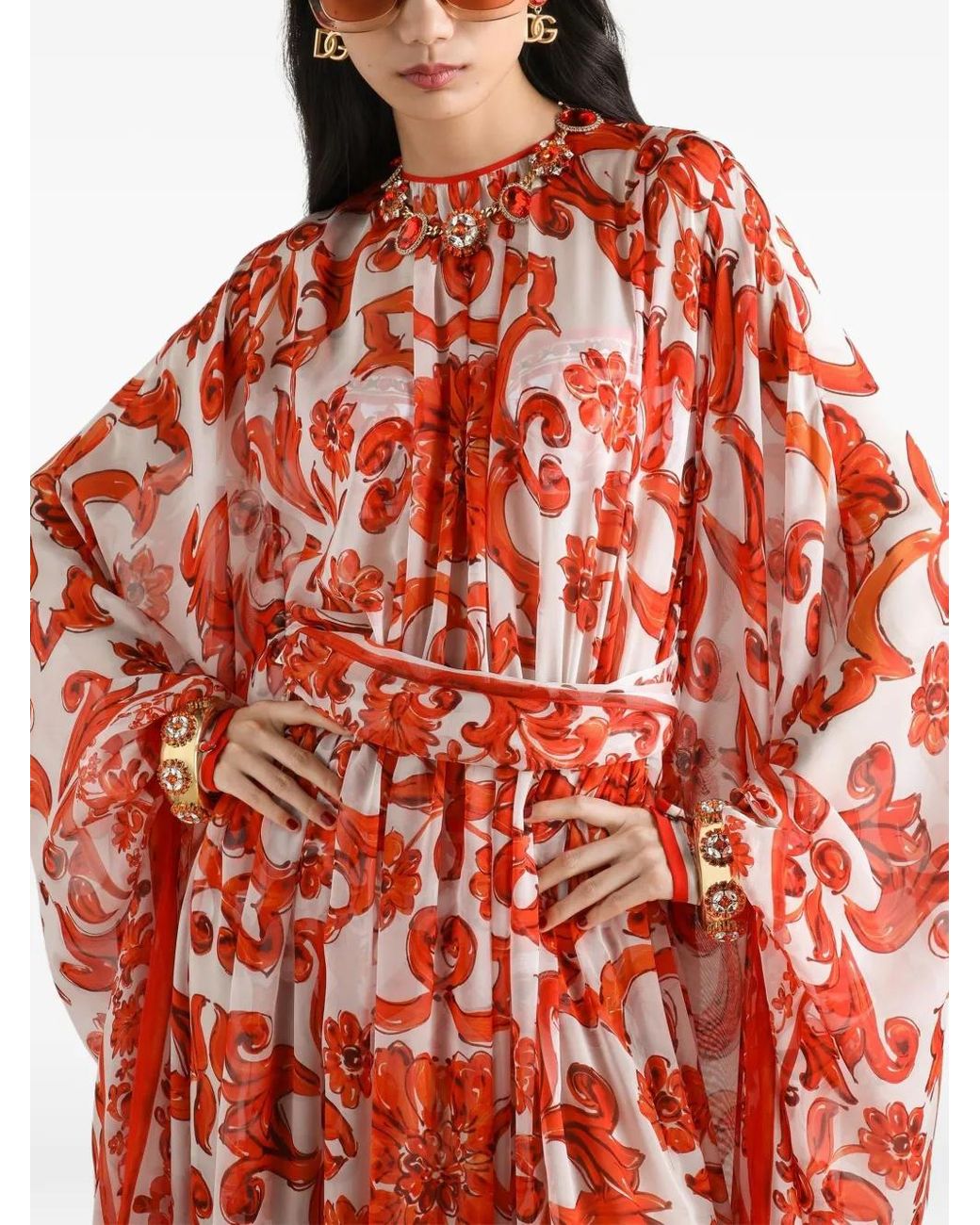 Dolce & Gabbana Red Majolica-Print Long Kaftan Dress